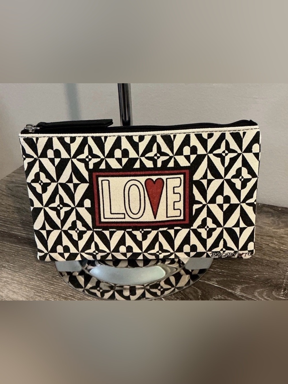 Brighton NWOT Black & Cream LOVE Graphic Cosmetic Bag Pouch Heart Interior